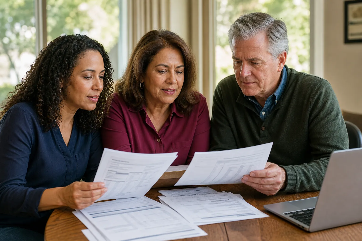 Three adults reviewing retirement account statements together at a home dining table