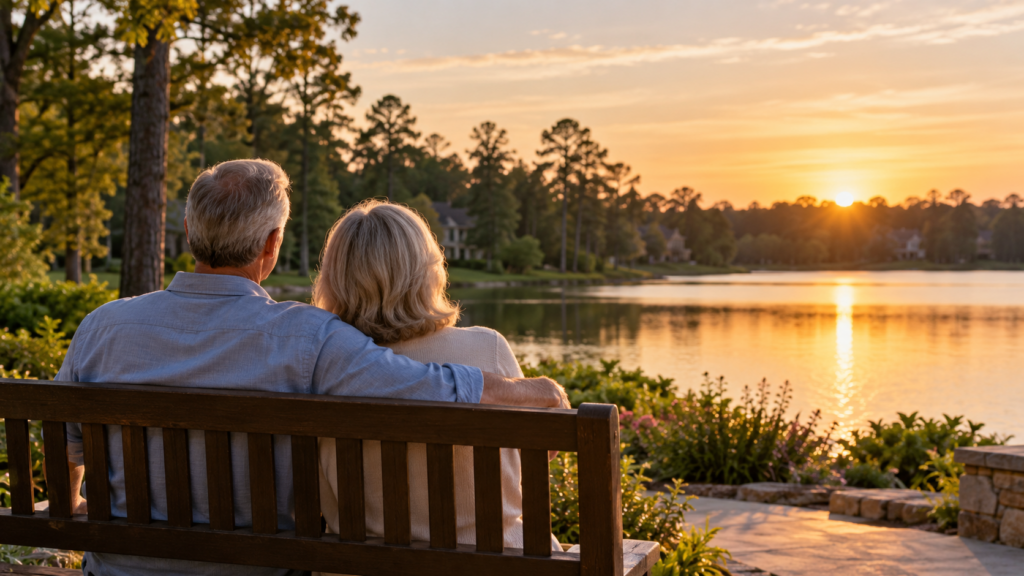 Couple enjoying a peaceful lakeside sunset while planning their retirement.