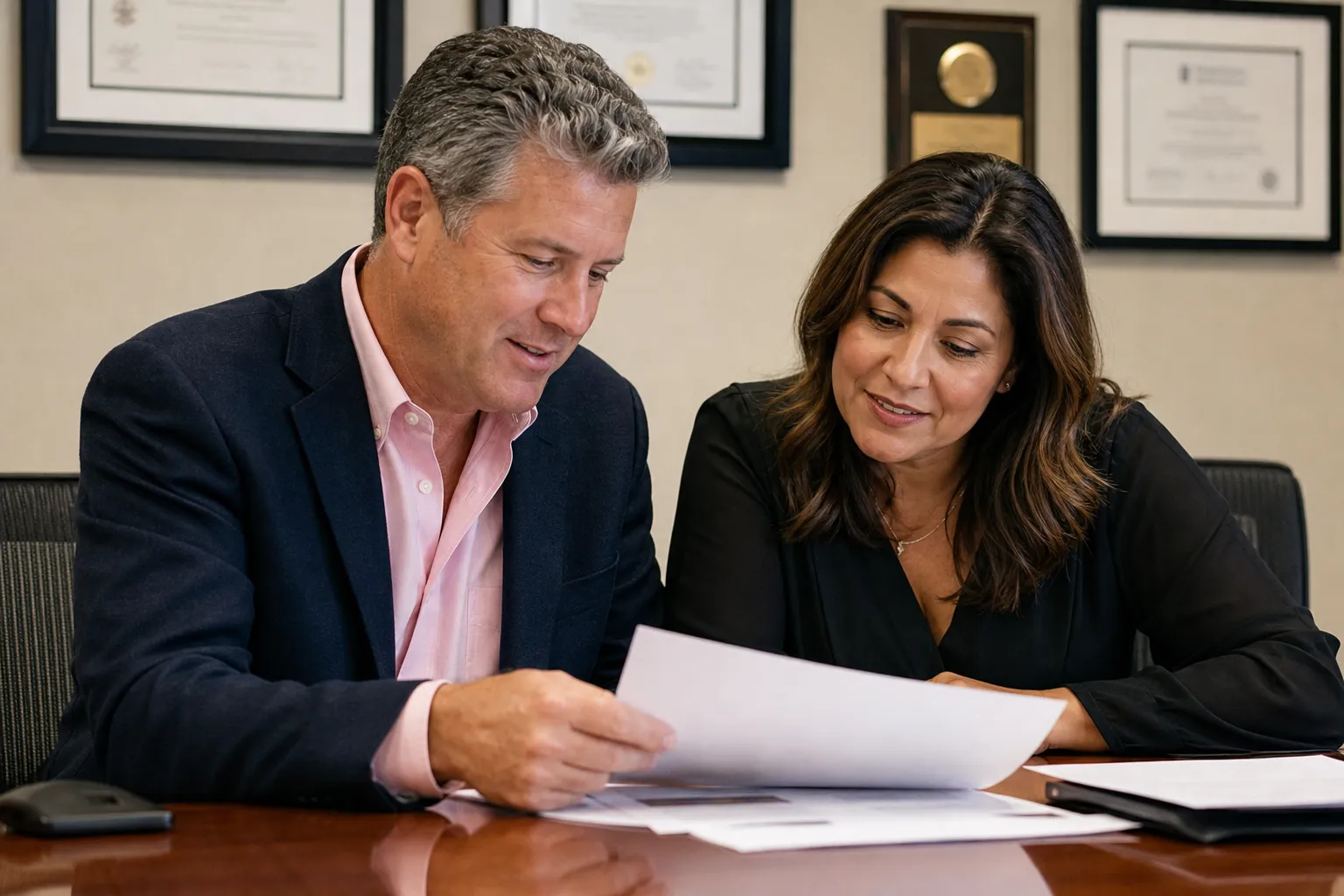 A financial advisor and client reviewing retirement planning documents at an office desk