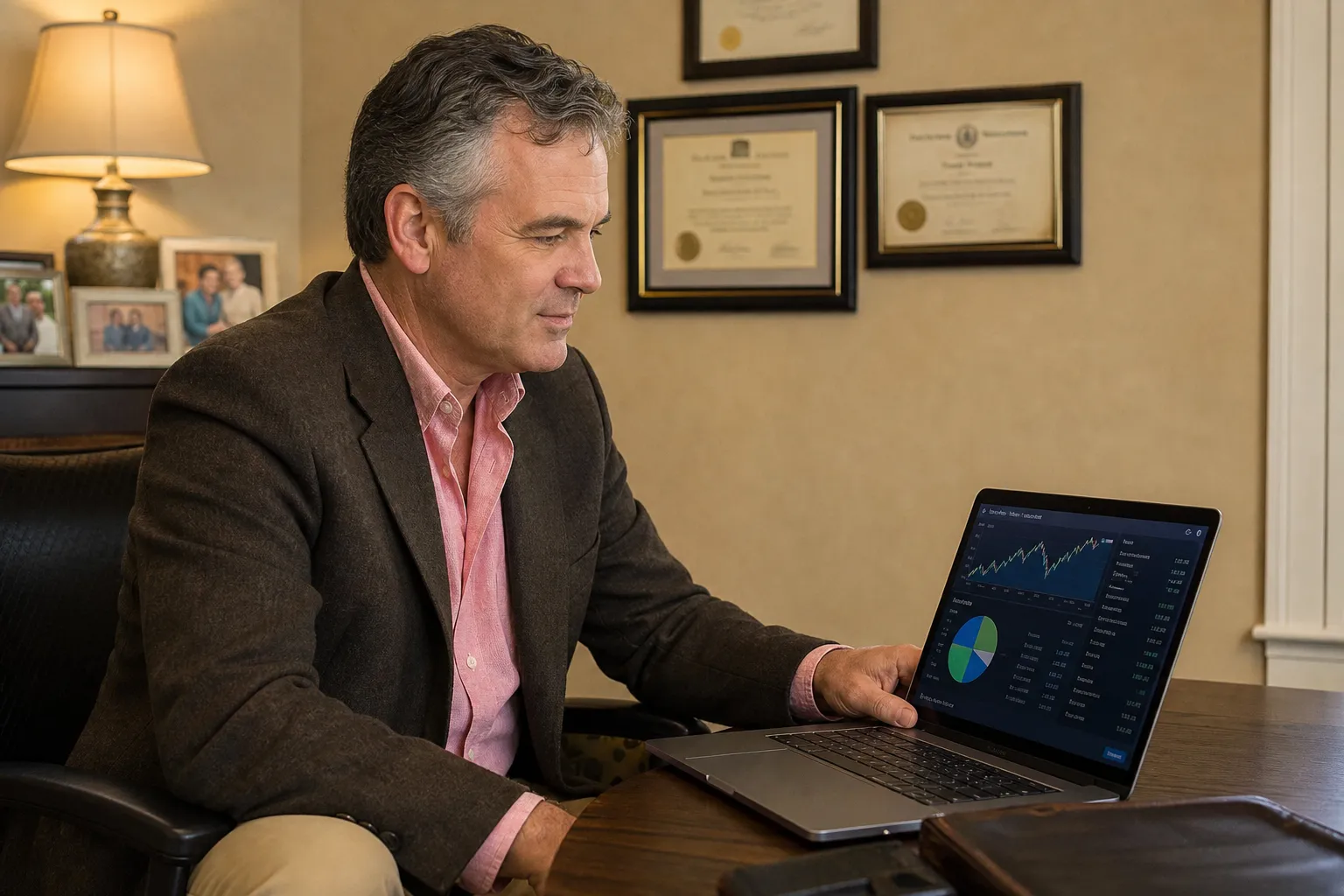 A financial advisor reviewing portfolio information at his office desk